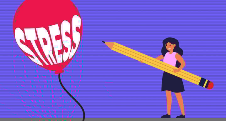 Stress ballon in the air, a female holding a large pencil.